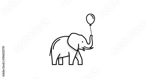 Charming Line Art Elephant Holding a Balloon Illustration. Cute Black and White Animal Drawing. Minimalist Graphic Icon.
