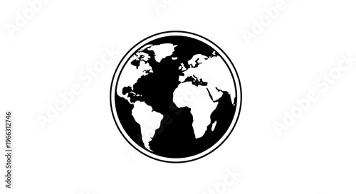 Black and white globe icon showing continents, symbolizing global connection, international communication, world travel, and environmental awareness. Vector graphic.