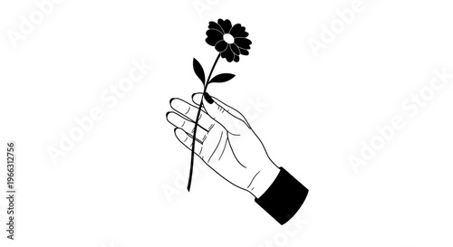 Minimalist black and white illustration of a delicate hand gently holding a single blooming flower with simple elegance.