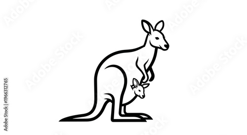 Black and white line art illustration of a mother kangaroo with joey in pouch, marsupial animal icon design