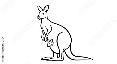 Mother Kangaroo with Joey in Pouch, Black and White Line Art Illustration of an Australian Marsupial Animal