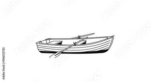 Simple hand-drawn illustration of a classic rowboat with oars, a traditional watercraft for rowing and leisure, isolated black and white sketch.