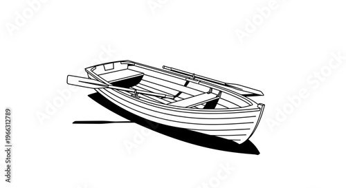 Simple black and white vector illustration of an empty wooden rowboat with oars, isolated on a white background, concept for boating and leisure.