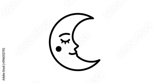 Cute sleeping crescent moon face illustration. Peaceful black and white line art vector graphic for dreams, night, and celestial themes.