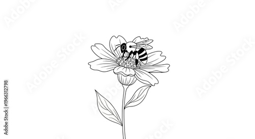 Detailed black and white line art illustration of a busy bee pollinating a blooming flower, symbolizing nature, spring, and environmental connection.