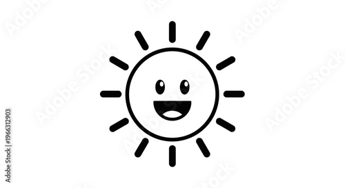 Happy Smiling Cartoon Sun Icon. Summer Weather Symbol for Good Mood and Sunny Days. Simple Black Outline Illustration.