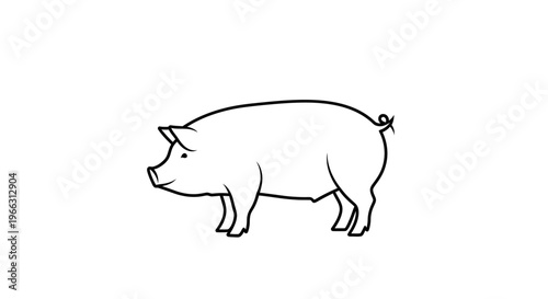 Simple black and white outline illustration of a domestic pig, side view. Minimalist line art drawing of a farm animal.