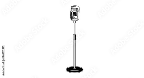 Classic chrome vintage microphone on a stand, isolated on a clean white background. Retro audio equipment for broadcasting, music, or performance.