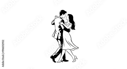 Black and white vector illustration of an elegant couple ballroom dancing with grace and passion. Romantic man and woman in a harmonious pose.