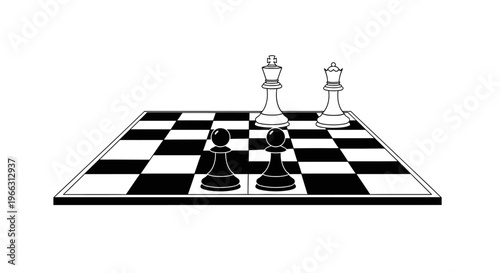 Strategic game of chess illustration with white king, queen, and black pawns on a checkerboard, symbolizing intellect and challenge.