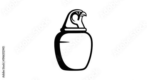 Ancient Egyptian canopic jar with falcon head illustration. Black and white icon symbolizing ancient Egypt, mummification, and historical rituals.
