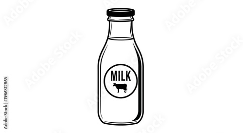 Vintage milk bottle illustration, classic glass container with 'MILK' label and cow icon, black and white line art vector graphic
