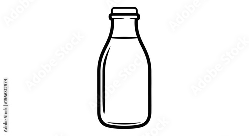 Simple black and white line art illustration of a generic glass bottle with liquid, ideal as a drink or milk bottle icon vector.