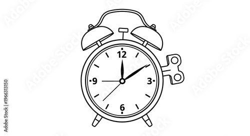 Classic vintage alarm clock line art illustration. Hand-drawn black and white outline design with twin bells and winding key for time concept.
