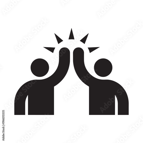 A simple black icon depicting two figures giving each other a high five symbolizing success