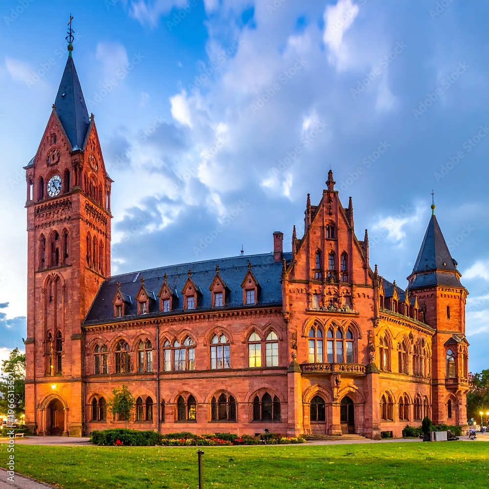 Fototapeta premium Ornate brick building with clock tower at dusk, bathed in warm light