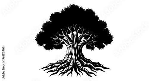 A majestic tree stands tall with sprawling roots and lush foliage overhead