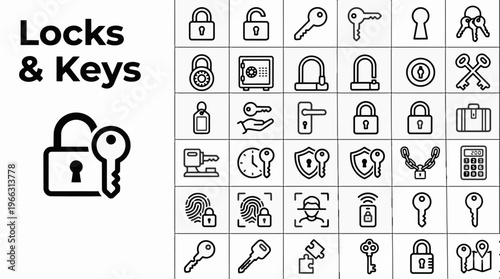 A comprehensive collection of black and white line art vector icons representing various types of locks, keys, and security concepts for digital applications, web design, and mobile app interfaces, of