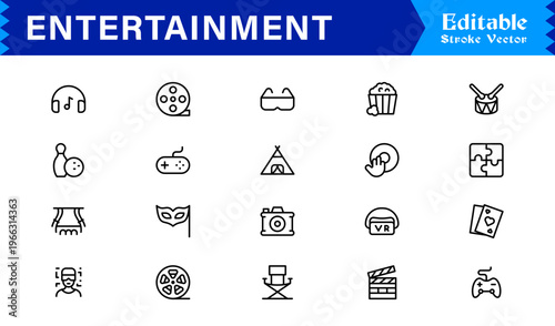 Entertainment Line Icon Collection Unique Minimalist Designs for Media, Gaming, and Streaming