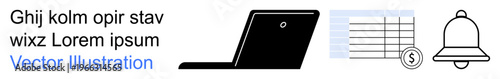 Productivity, finance tracking, notifications, business management, online tools, technology. A laptop, financial chart with dollar icon and notification bell. Productivity and finance tracking