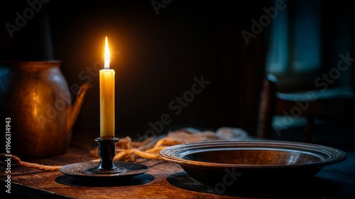 Candlelight on Rustic Table with Antique Plate and Metal Pot