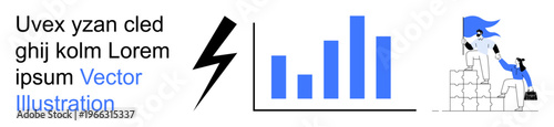 Data analysis, teamwork, business growth, collaboration, performance metrics, corporate strategy. A bar graph, lightning bolt symbol and people stacking blocks. Business growth and teamwork concept