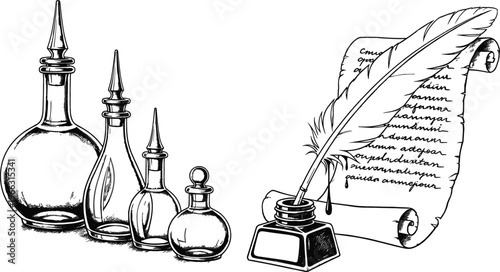 Vintage ink bottles and quill pen illustration featuring antique writing tools, scroll manuscript, and detailed engraving style for classic vector design