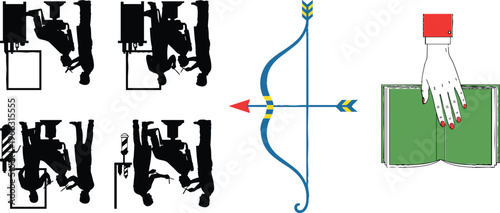 Conceptual vector illustration set with business people silhouettes sitting on chair icons, archery bow and arrow target symbol, and hand turning book page