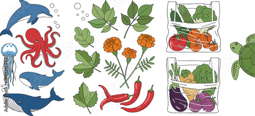 Vector illustration collection featuring marine animals, green plant leaves, red chili peppers, fresh vegetables in bags, and sea turtle isolated set