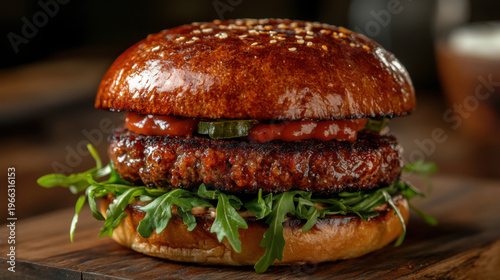 Tasty cheeseburger with lettuce, cheddar cheese, tomato and pickles. Burger bun with sesame seeds