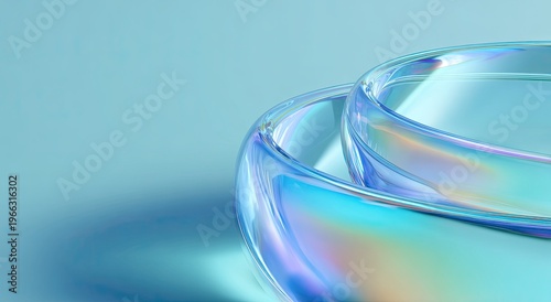 Close-up of two curved, transparent structures with iridescent edges against a pastel blue backdrop