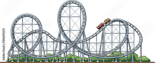 Amusement park roller coaster vector illustration with looping steel tracks, high speed train ride, and thrilling theme park attraction design