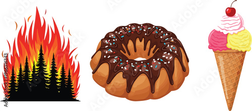 Collection of colorful vector icons featuring forest wildfire flames, chocolate glazed donut with sprinkles, and triple scoop ice cream cone dessert illustration set