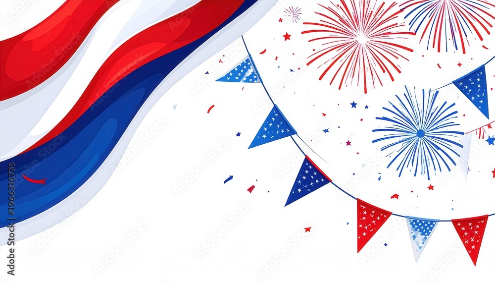 Obraz premium 미국 독립 기념일 축하, 성조기, 불꽃놀이, 가랜드, 축제 분위기, 빨강, 파랑, 하양 색상