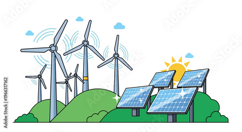 Renewable Energy Landscape Flat Design Solar Panel Wind Turbine Eco Power