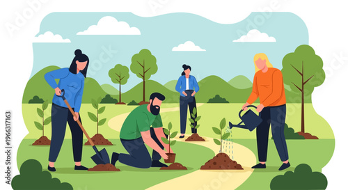 People Planting Trees Flat Illustration Environmental Community Earth Day