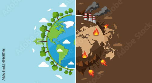 Climate Change Concept Flat Illustration Half Clean Half Polluted Earth