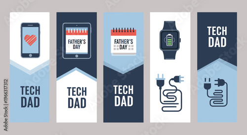 Modern fatherhood and technology; a collection of banners depicting connectivity and care