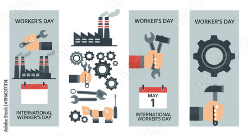 Industrial Labor Day Banners - Tools Gears Factories and Calendar Illustration