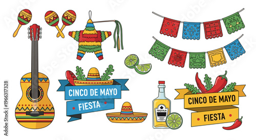 Vibrant Mexican Fiesta Elements Set for Celebrations and Cultural Events Illustration