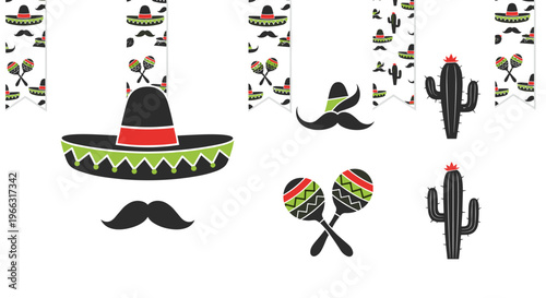 Mexican-themed cultural elements for celebration design - sombrero maracas cactus mustache