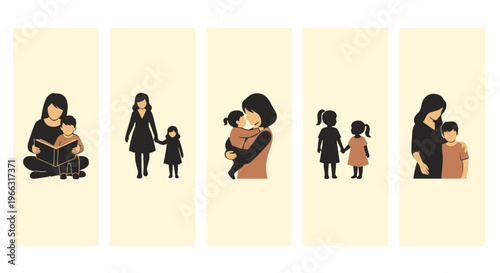 A series of heartwarming silhouette illustrations depicting family love and precious moments