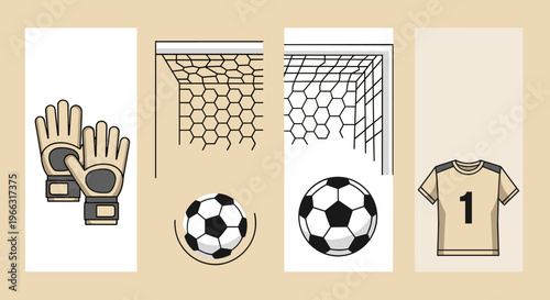 Collage of Soccer-Themed Iconography: Jersey Ball Goal and Goalie Gloves Arranged