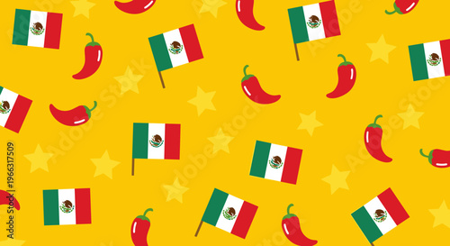 Vibrant festive seamless pattern with abstract flags peppers and stars on yellow