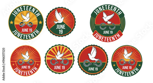 Collection of vibrant badges featuring doves and chains for freedom celebration