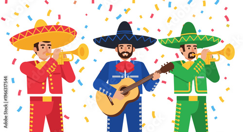 Vibrant illustration of musicians celebrating with instruments and confetti