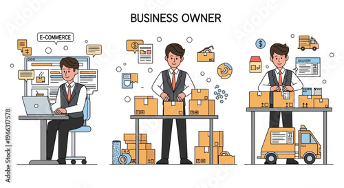 Small Business Owner Activity – Online Shop Packing and Delivery Cartoon Vector Illustration