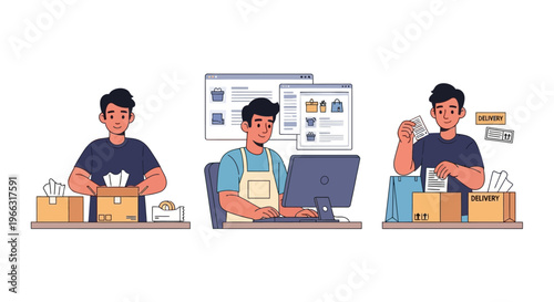 Small Business Owner Activity – Online Shop Packing and Delivery Cartoon Vector Illustration
