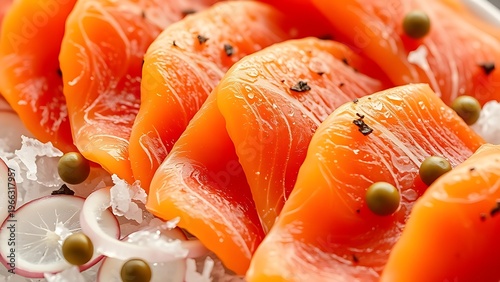 mutiny. Close-up of smoked salmon slices on ice with capers and onion. menu design, packaging mockups, designed for food delivery and cloud-kitchen brand materials, supports restaurant marketing.