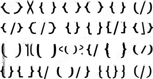 Distressed grunge style set of programming brackets and code symbols like braces, parentheses, angle brackets, and slashes for web development and abstract design.